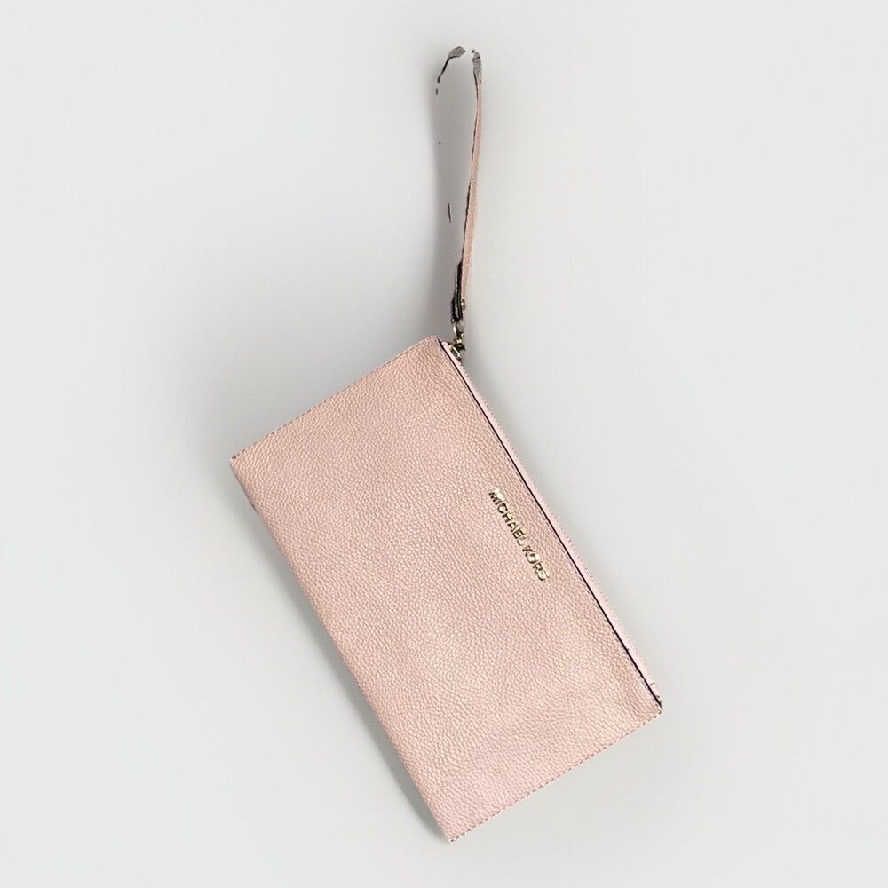 Michael Kors Jet Set Large Leather Clutch Wristlet Wallet Purse Blush Pink Gold